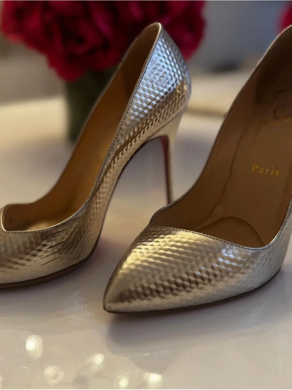 Christian Louboutin Silver Textured Pointed Toe Pumps